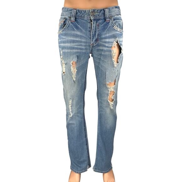 Affliction Buckle Blake Men's Blue Distressed Slim Straight Denim Jeans Size 30L - Picture 1 of 9